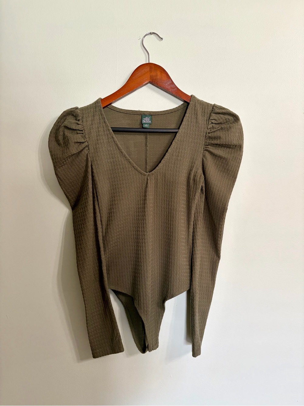wild fable Olive Puff Sleeve V-Neck Ribbed Bodysuit